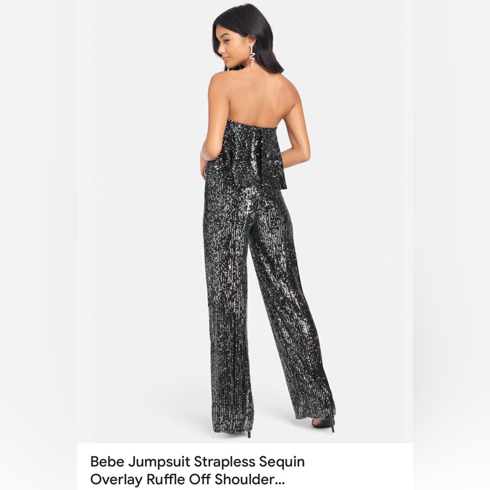 NWT Bebe Strapless Sequin Off Shoulder 
Shimmery Black Jumpsuit Small